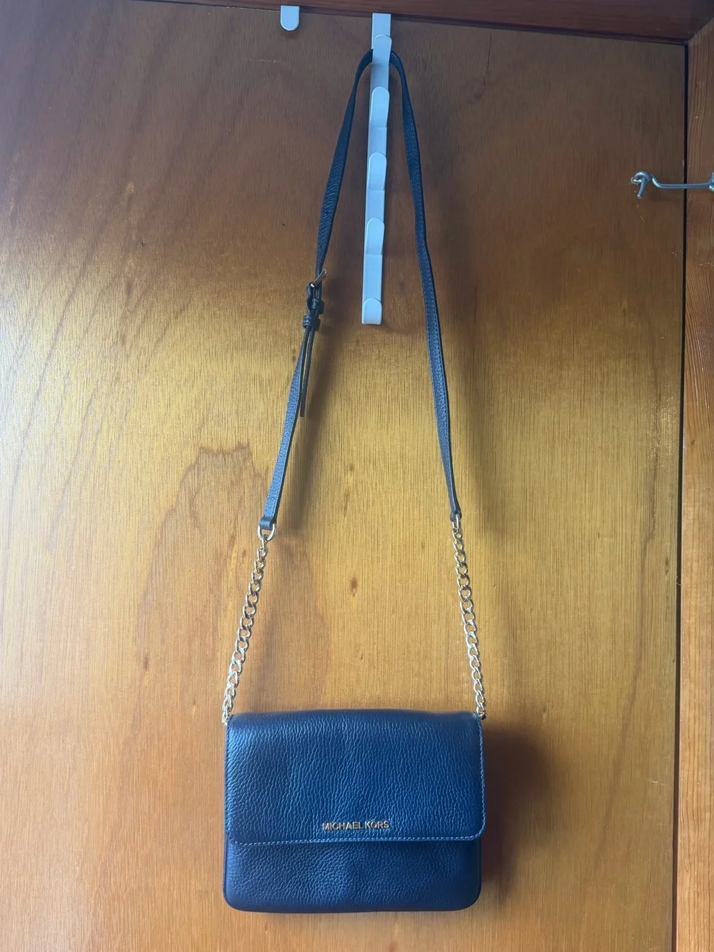 Michael Kors Navy Leather Crossbody with Gold Chain Strap